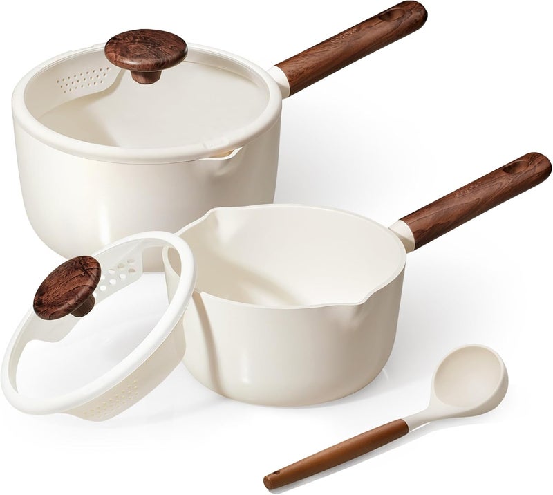 CAROTE 2QT & 3QT Sauce Pan Sets with Lid & Ladle Ceramic Nonstick Pot Set Non Toxic Saucepan Small Kitchen Cooking Pots, Easy to Clean, Induction Comptable, PFAS PTFE Free - Image 1